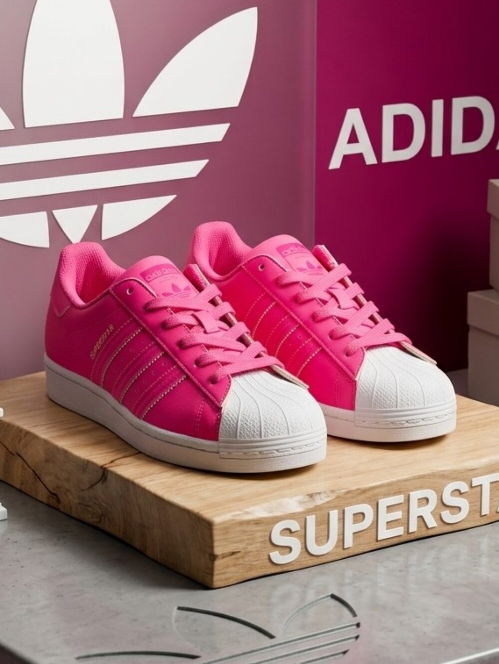 504 adidas Originals Superstar Shock Pink Neon White Shell Toe Sneakers 4.5Y